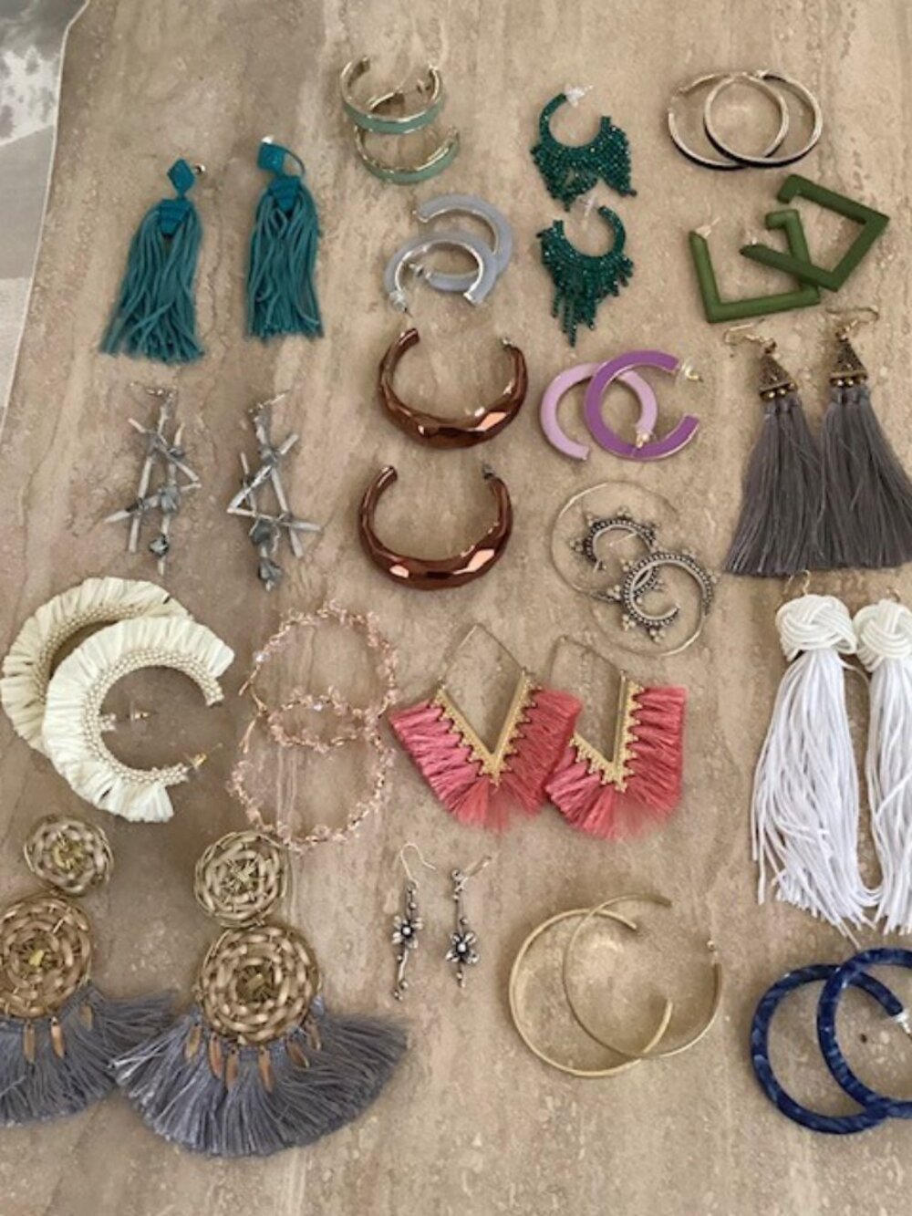 19 pairs of earrings - hoops, tassels, drops and dangles